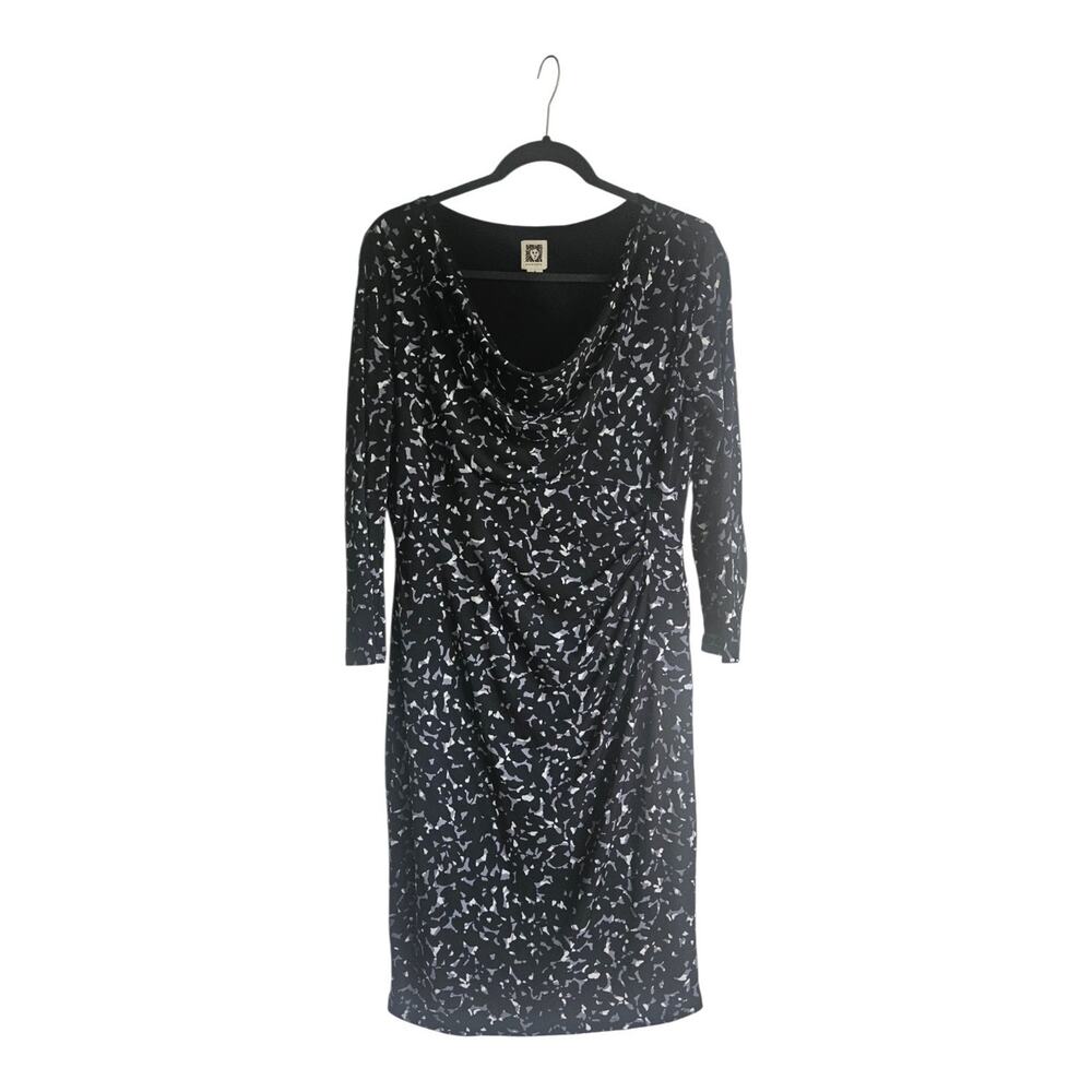 Anne Klein Dress SZ 8 Black Geometric 3/4 Sleeves Cowl Neck Stretch Side Ruching